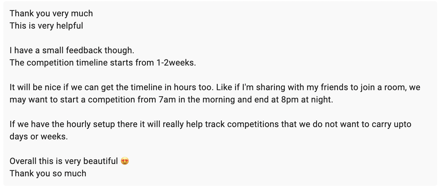 Form responses to 'What did you like most about Outdo?' — 8 responses including the live feature, weighted percentage and ranking system, gamifying daily tasks, and simplicity.
