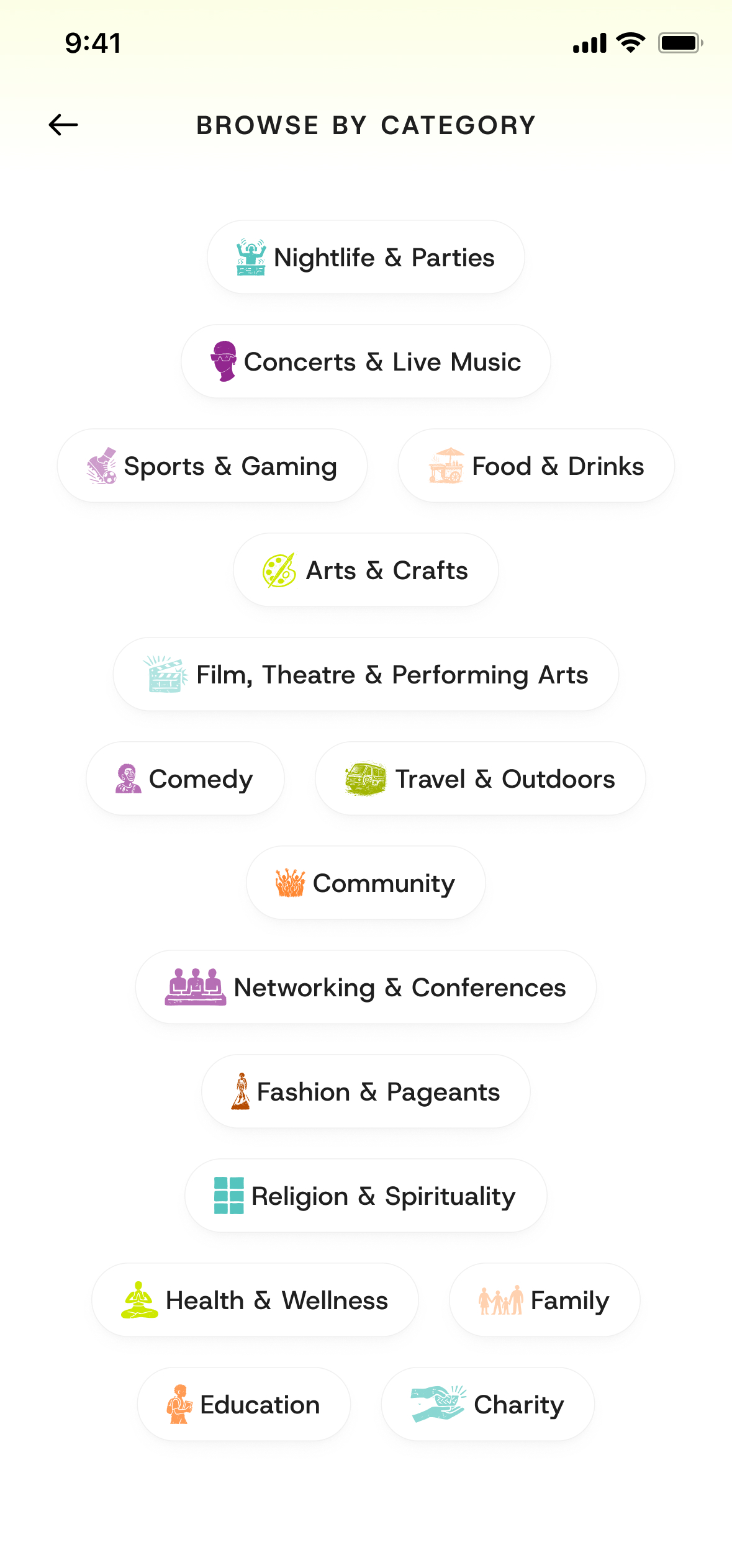 Full Browse by Category screen listing all 16 category pills