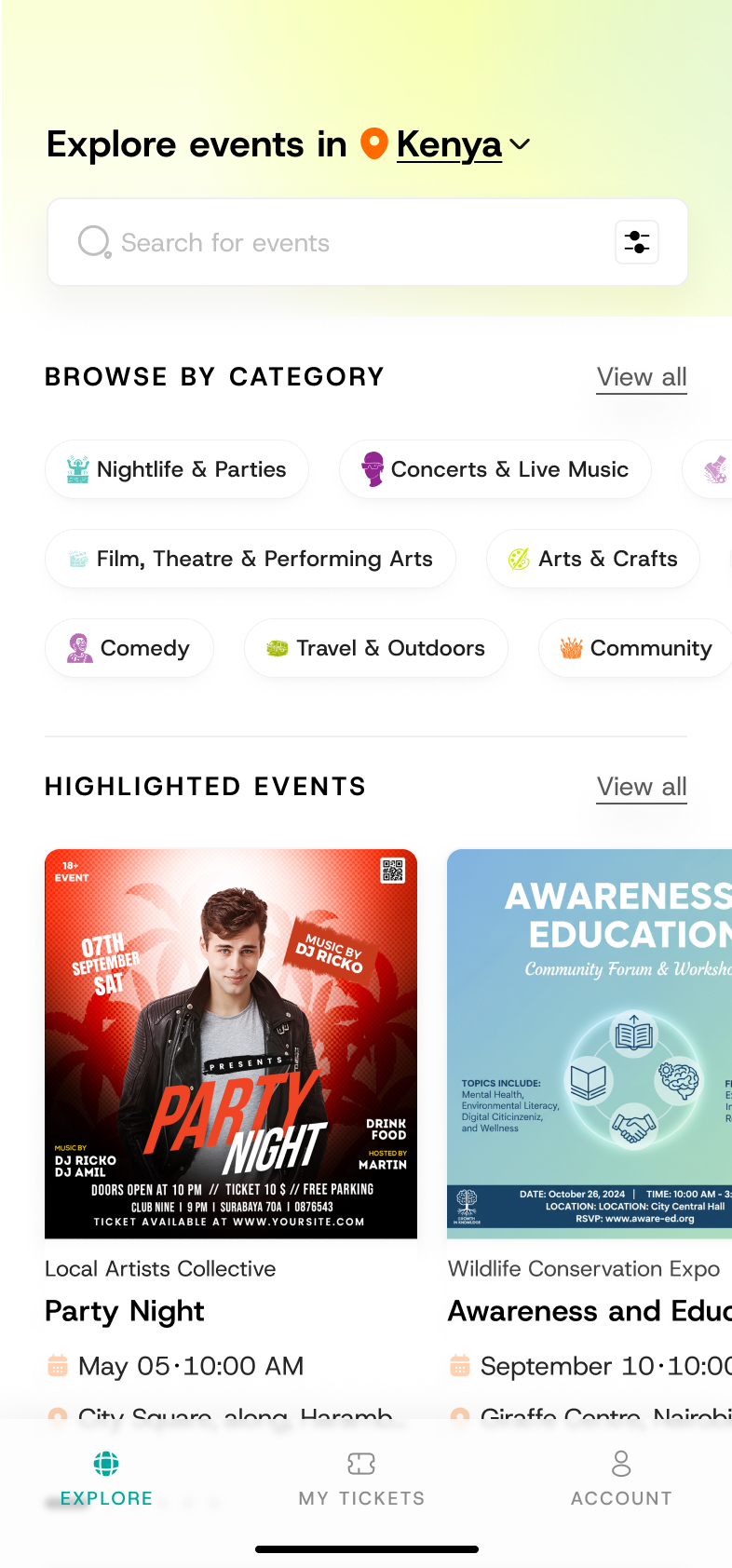 Explore events home with the persistent bottom tab bar: Explore, Tickets, and Account always one tap away