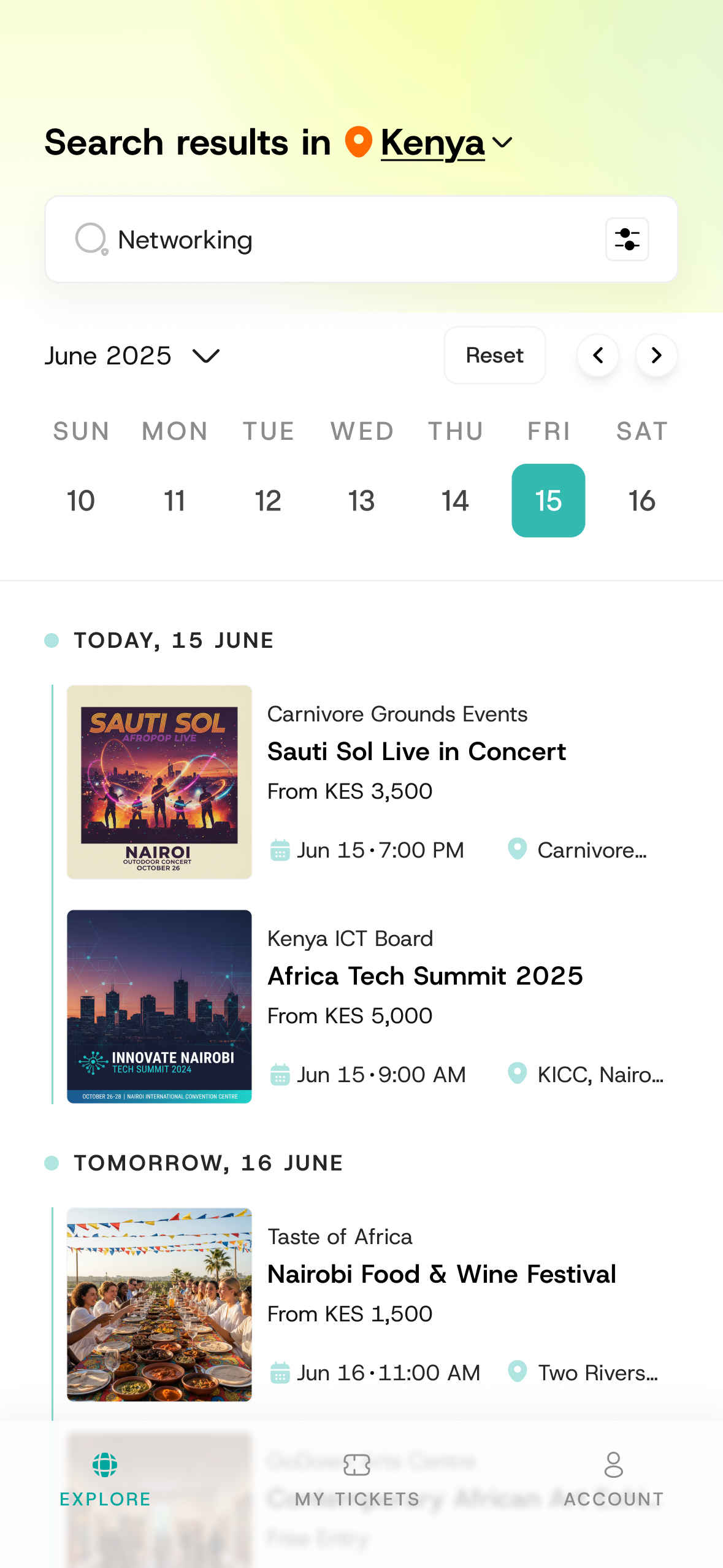 Search results in Kenya: search field, date selector, and event result cards grouped by day