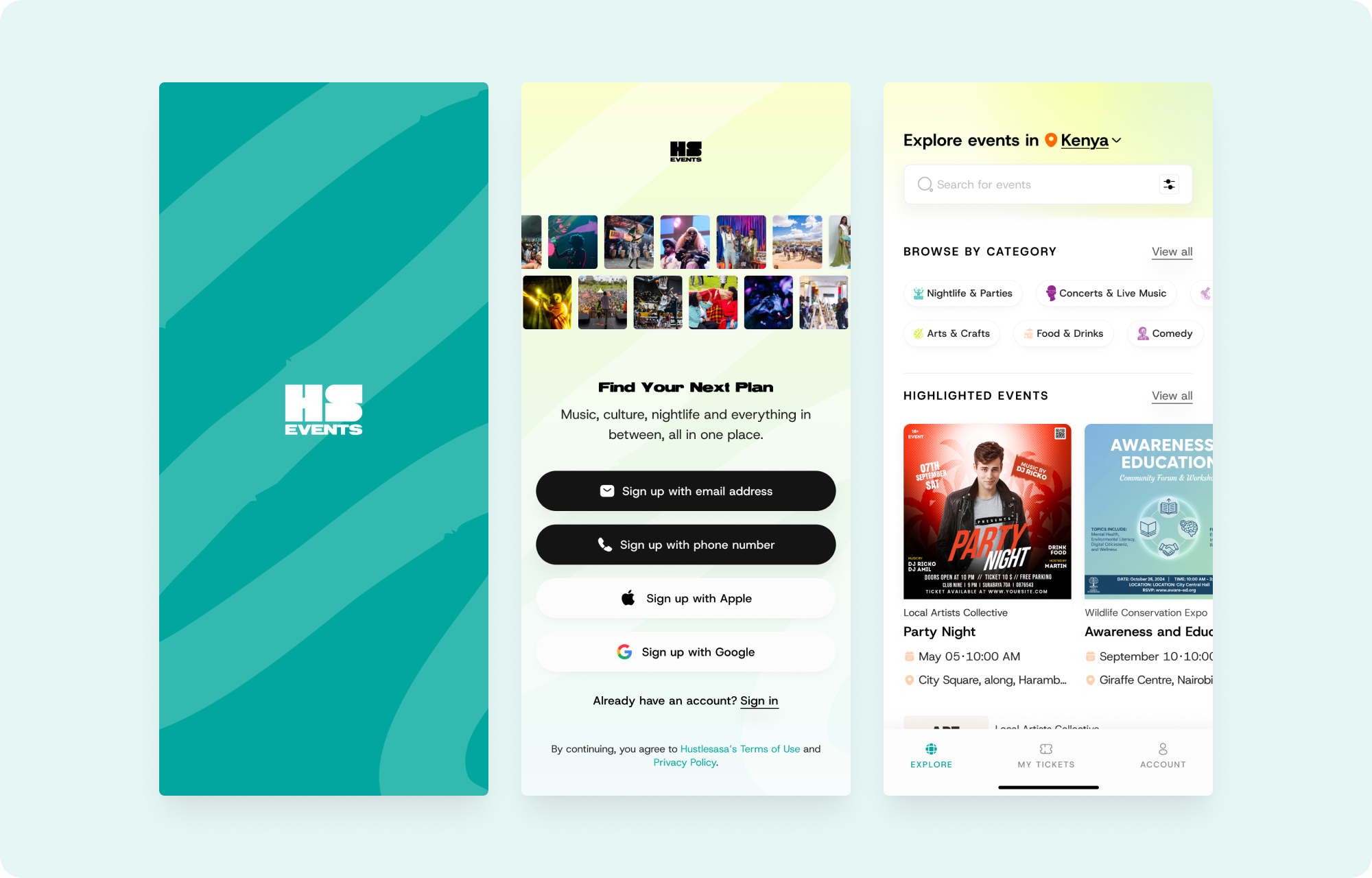 HustleSasa Events buyer app — splash, sign-up hub, and explore home
