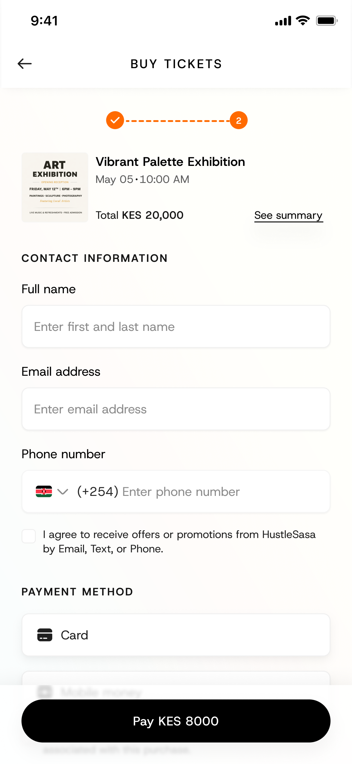 Three-step checkout screen: contact information and payment method (Card / Mobile money) under a step progress indicator