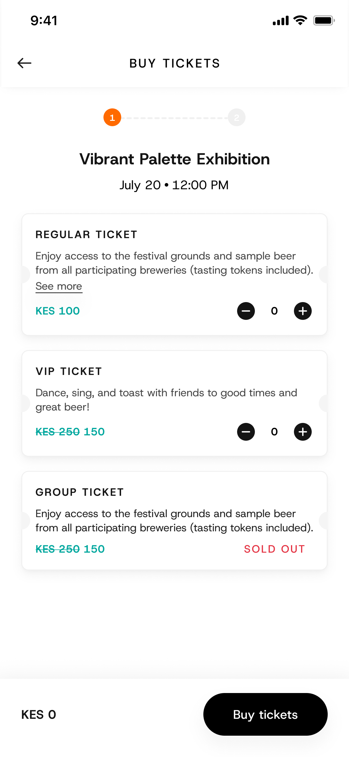 Full Buy Tickets screen with step indicator, event title, and Regular, VIP and Group ticket tier cards