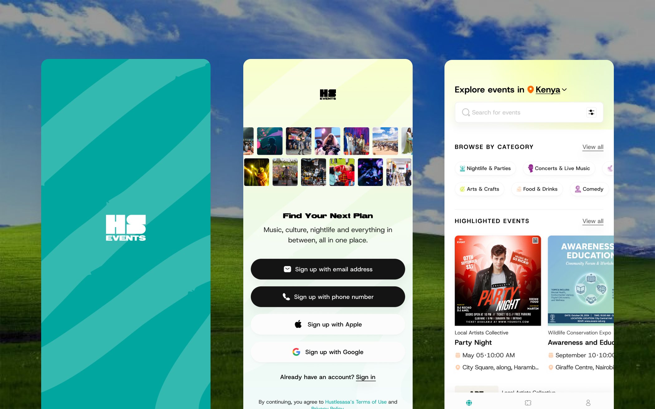 HustleSasa Events app screens
