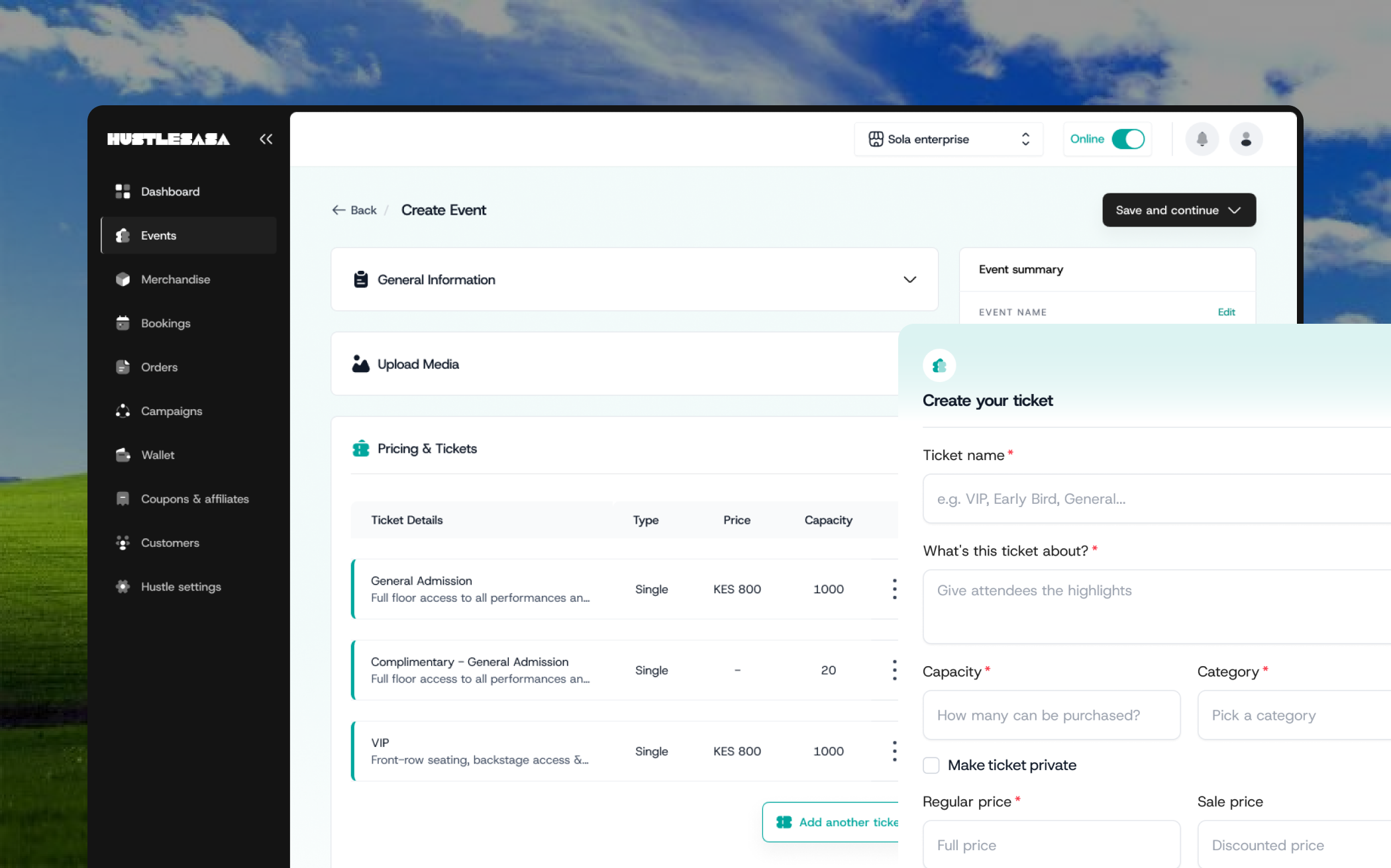 HustleSasa organizer dashboard